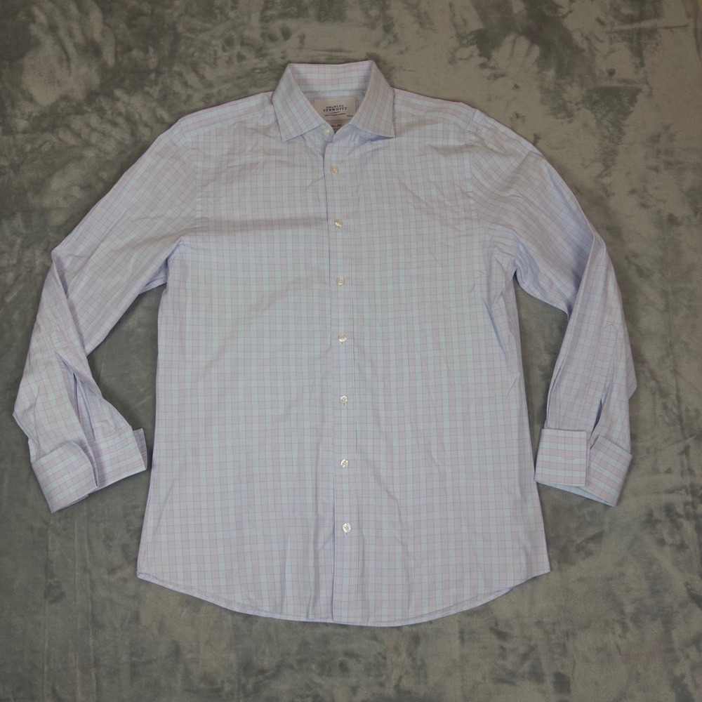 Charles Tyrwhitt Dress Shirt Mens 16/34 Blue Pink Check Slim Fit Button Down